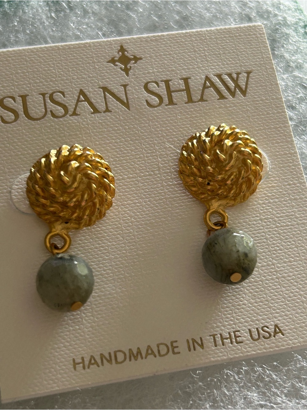 Susan Shaw Gold-Tone Earrings with Green Bead Drops
